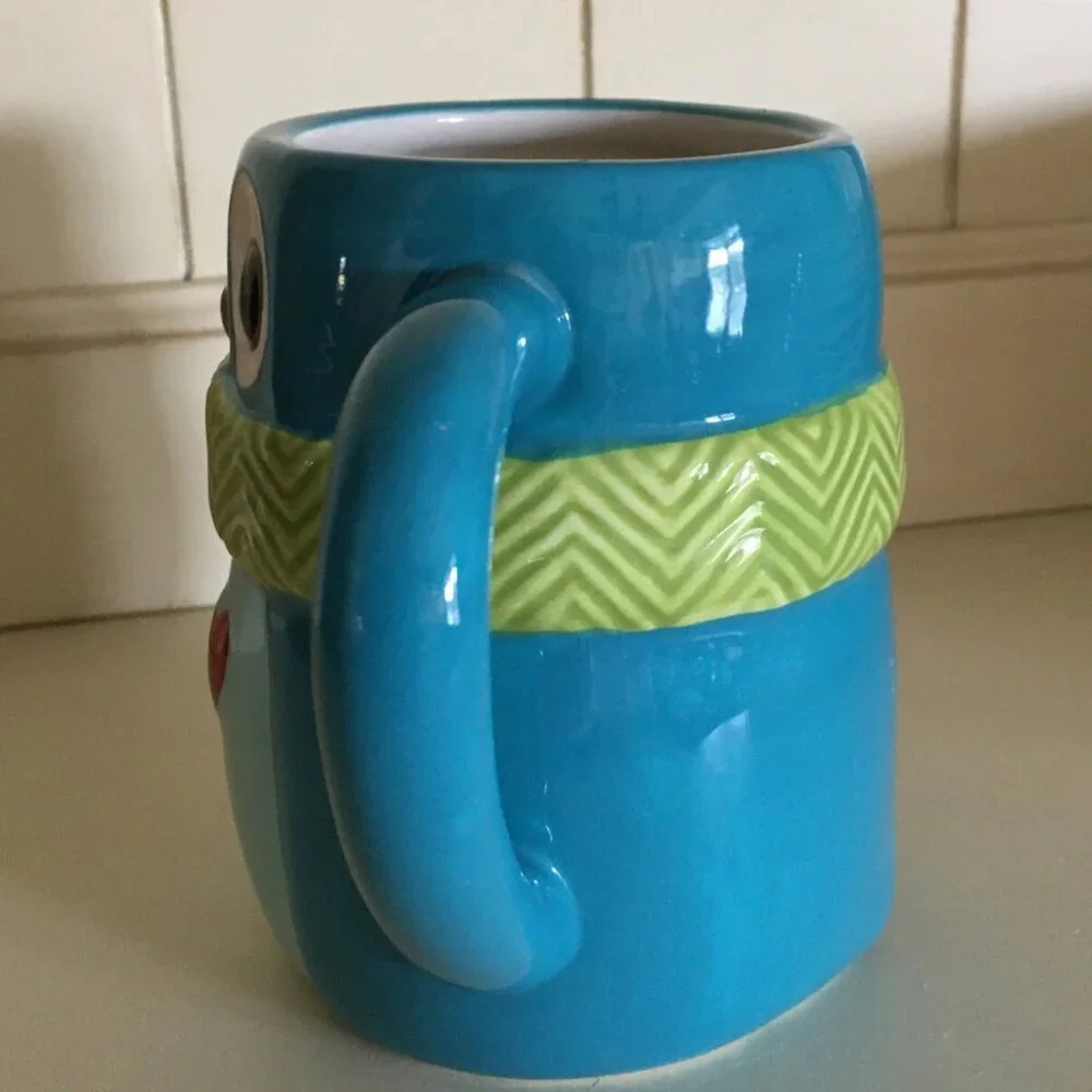 Teal Blue Owl Coffee Mug w/ Heart & Scarf Merry Merry St Nicholas Square
